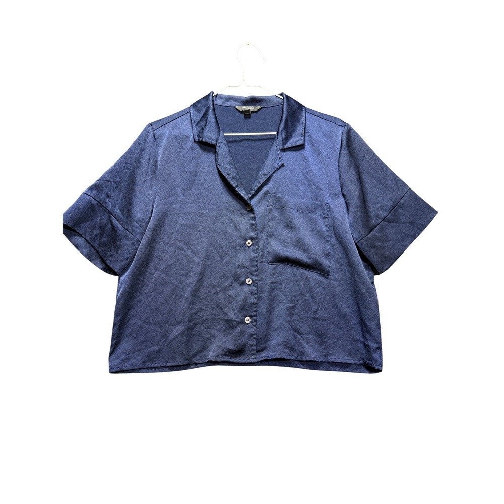 Banana Republic Top Women M Navy Satin Short Sleeve Button Up Cropped 523452-00